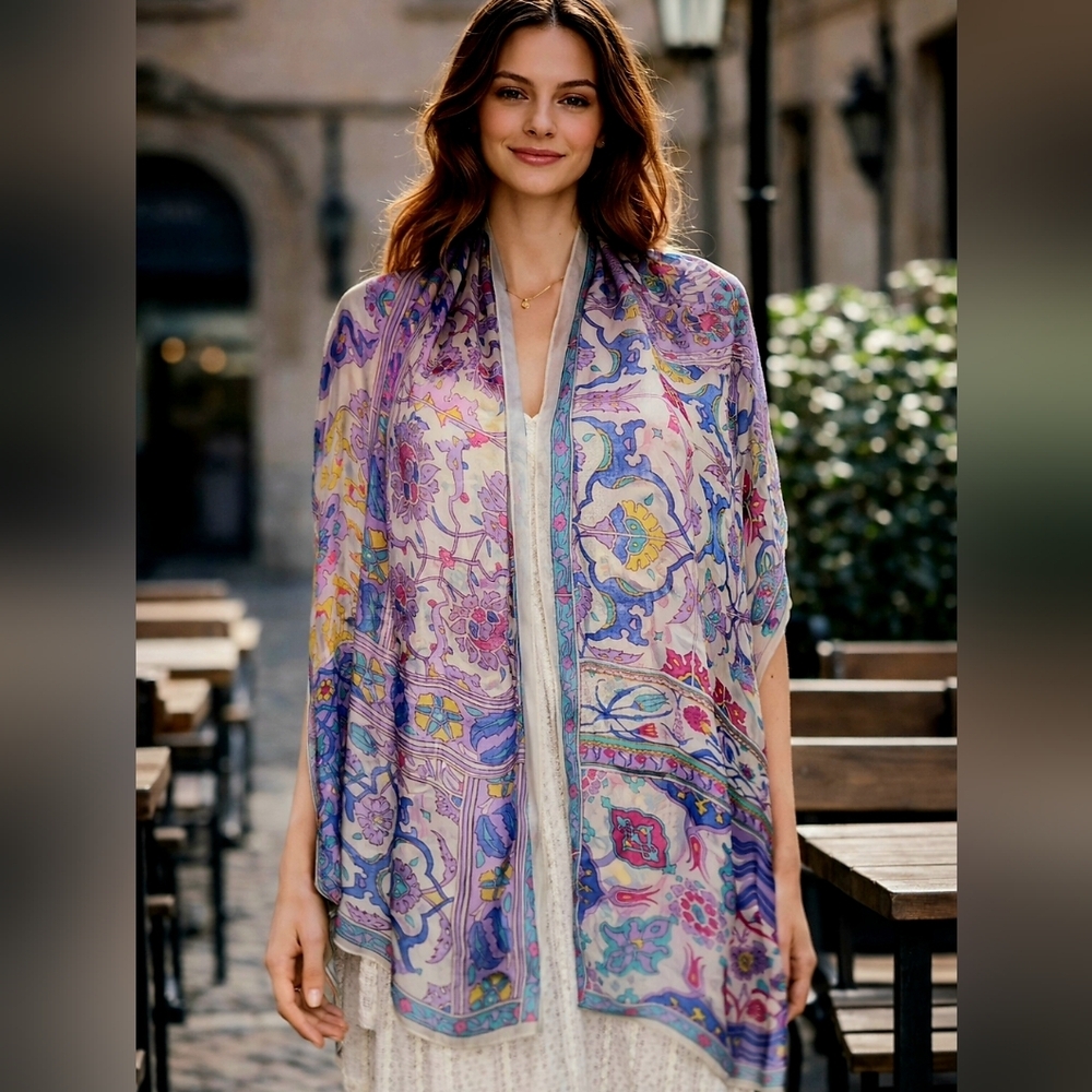 Edelweiss 100% Mulberry Silk Pastel Floral Shawl Wrap – Lightweight Luxury